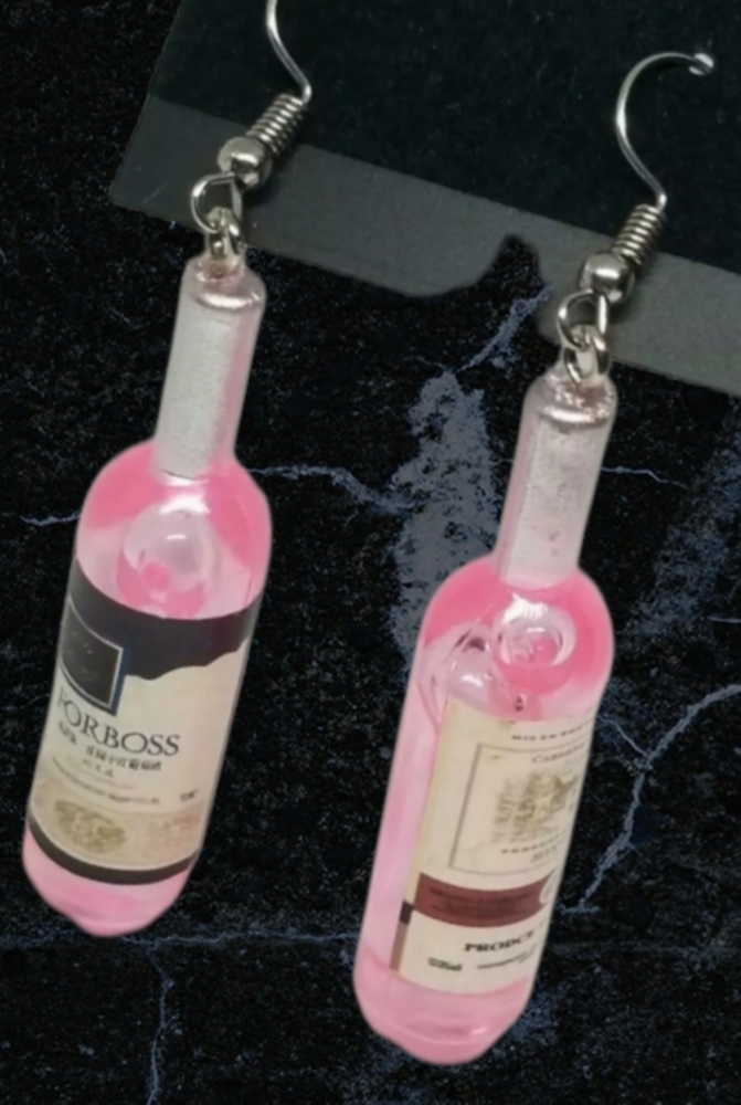 Pink rose miniature resin bottles drop earrings  funny gag gift happy hour 🍷